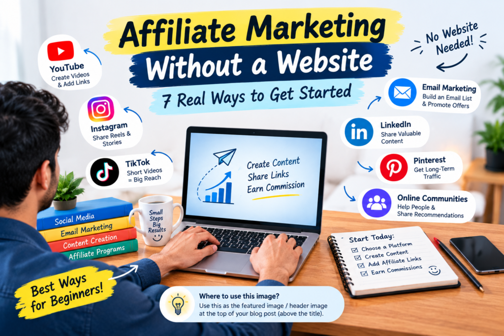 Affiliate marketing without a website methods including YouTube social media email marketing and online communities