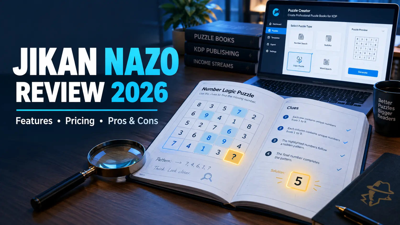 Jikan Nazo Review 2026 showing number mystery puzzle book generation for KDP