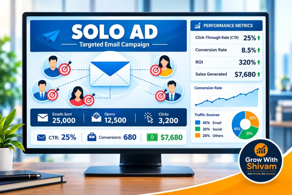 Solo ad targeted email marketing campaign dashboard with performance metrics and Grow With Shivam logo
