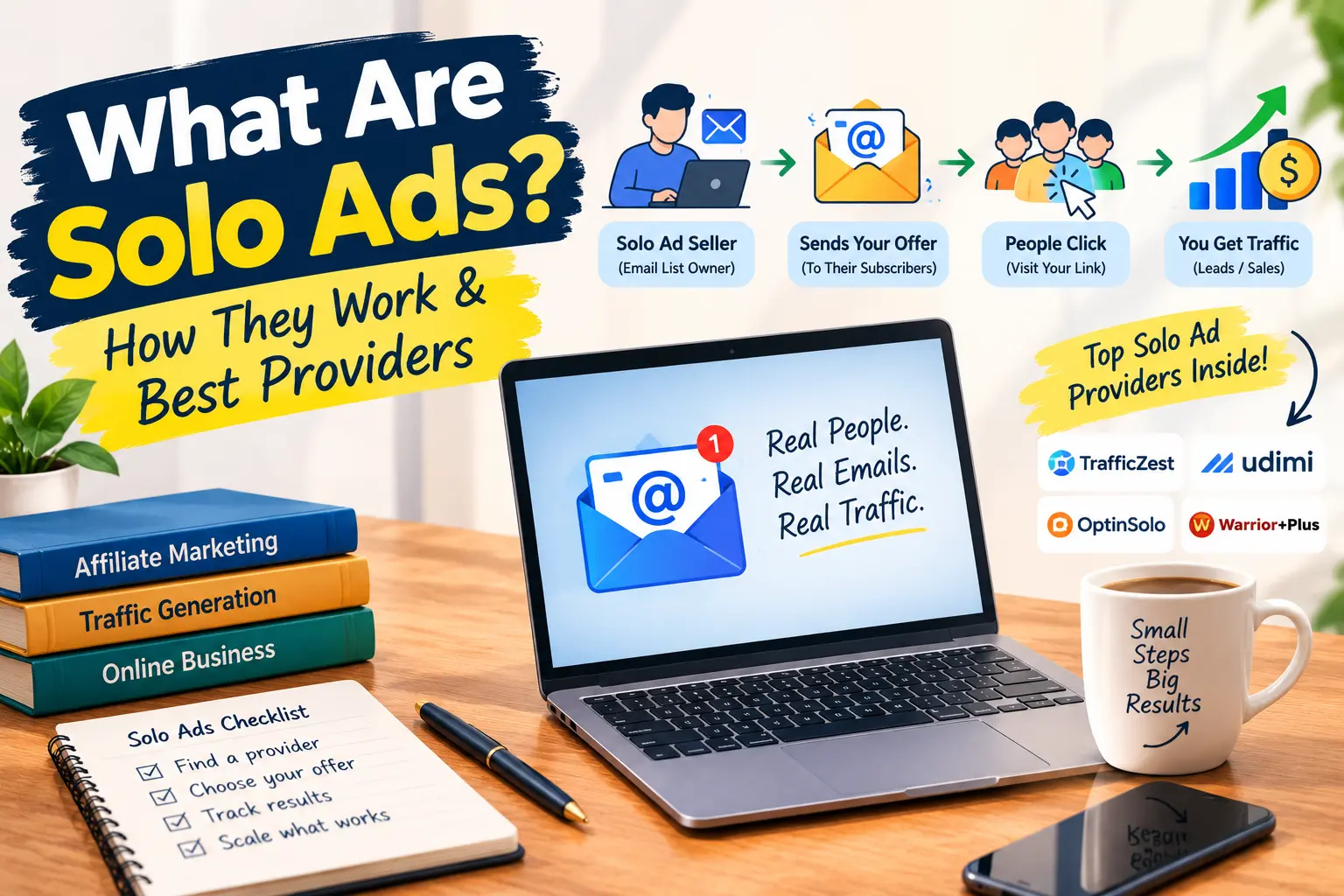 Illustration showing how solo ads work through email traffic and lead generation