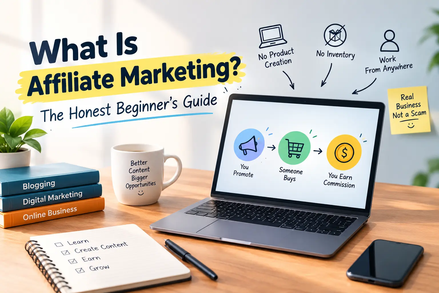Illustration explaining what affiliate marketing is and how beginners earn commissions through referrals